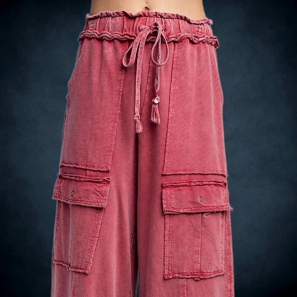 📌 EASEL “Feeling Good Cargos” Mineral Wash Flared Leg Raw Seams & Hems, Pockets - Picture 11 of 16